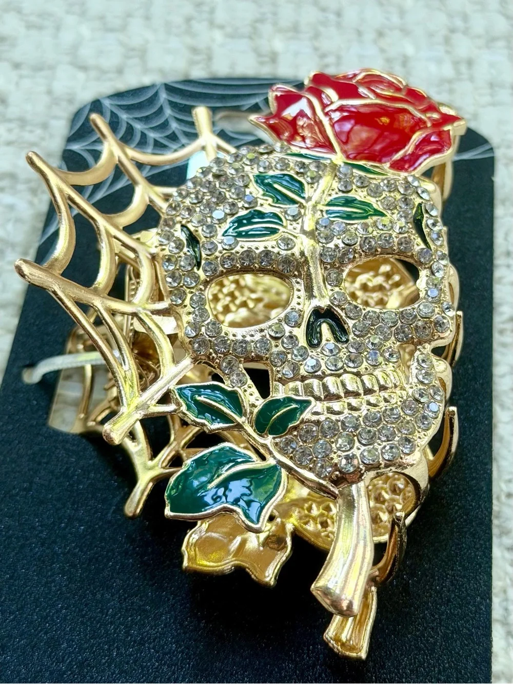 Nicole Miller Skull Rose Hair Clip Metal Claw Rhinestone Enamel Halloween New